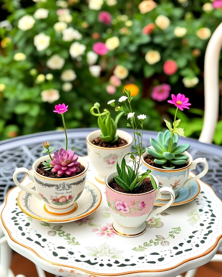 vintage teacups into miniature planters - 20 Vintage Garden Ideas