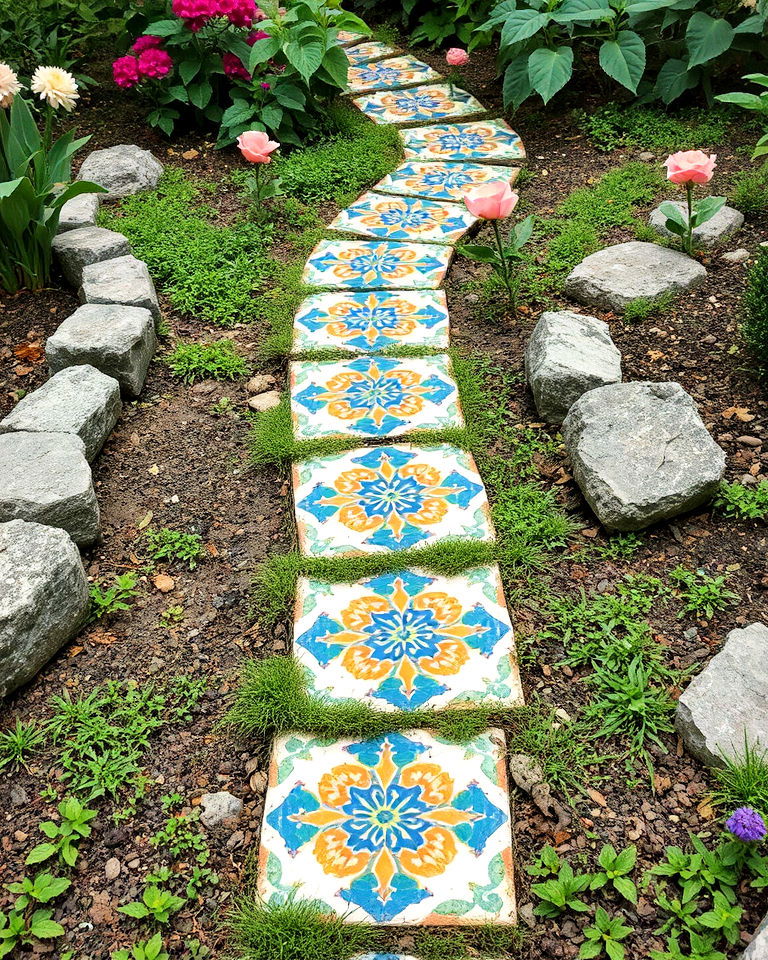 vintage tiles into stepping stones - 20 Vintage Garden Ideas