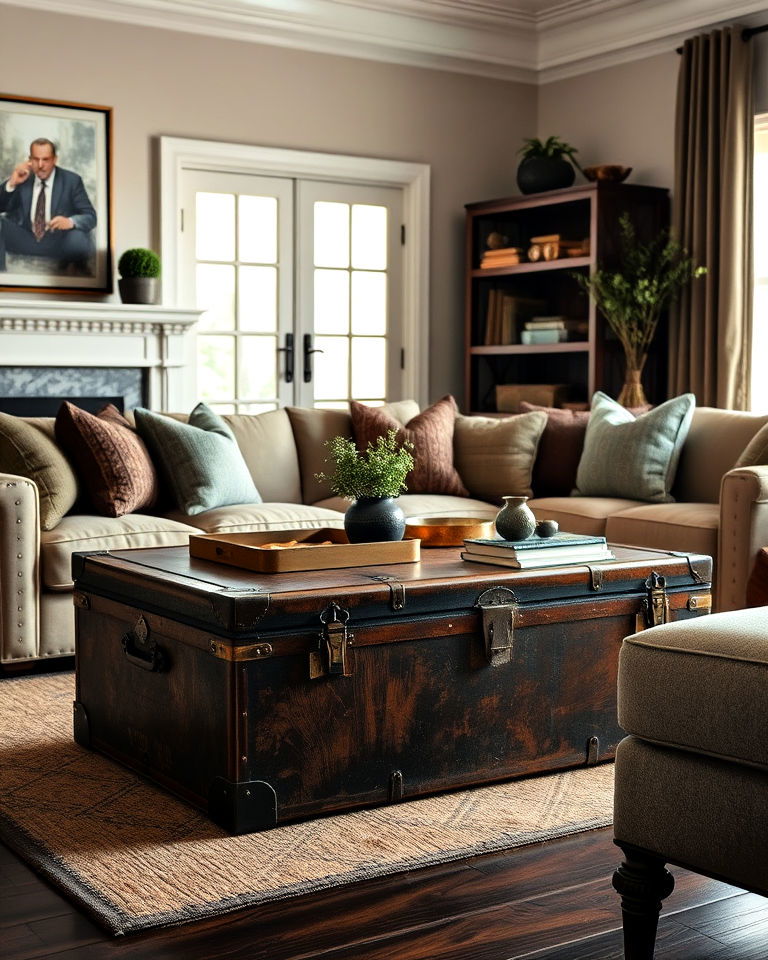 vintage trunks as coffee table living room - 25 Dark Academia Living Room Ideas