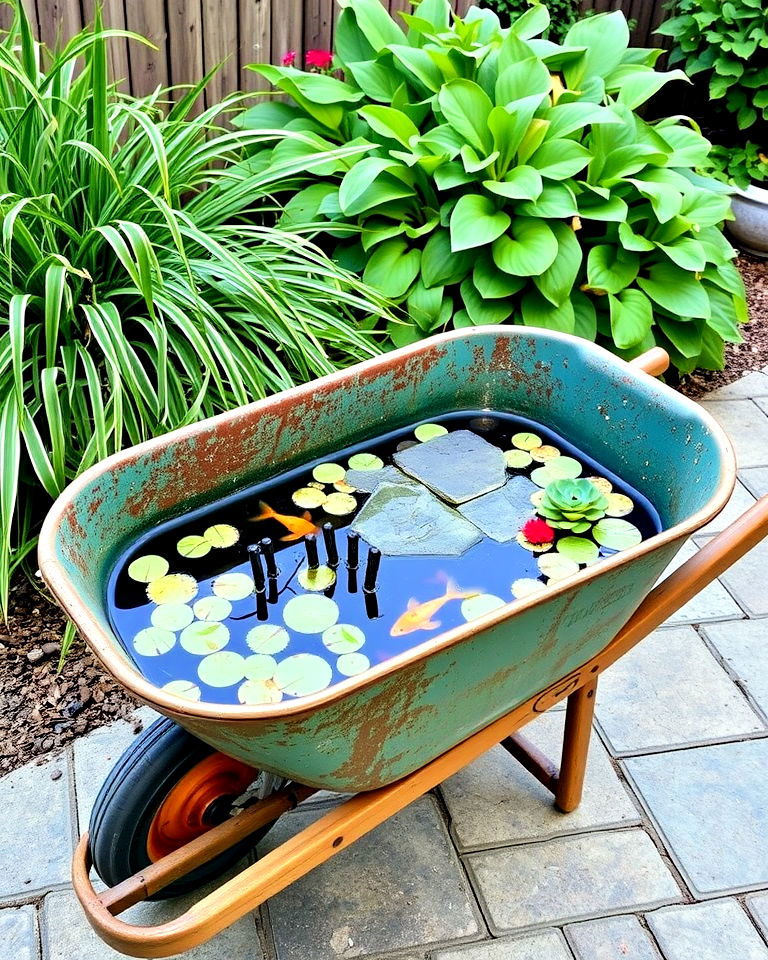 vintage wheelbarrow pond - 15 Container Fish Pond Ideas