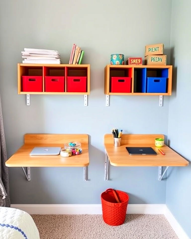 wall mounted desk for shared room - 40 Boy and Girl Shared Small Room Ideas