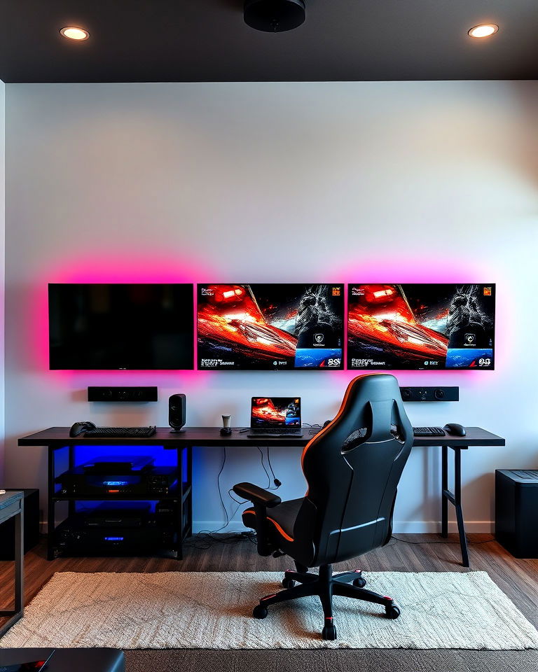 wall mounted man cave gaming setup - 20 Gaming Man Cave Ideas