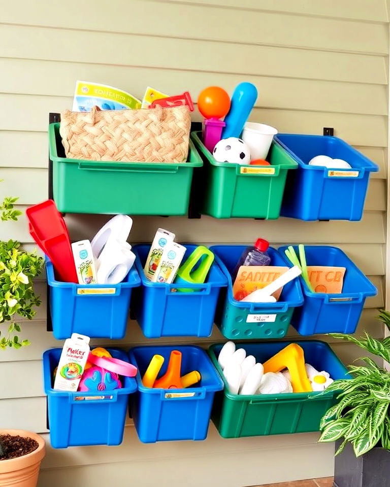 wall mounted storage bins - 25 Outdoor Toy Storage Ideas