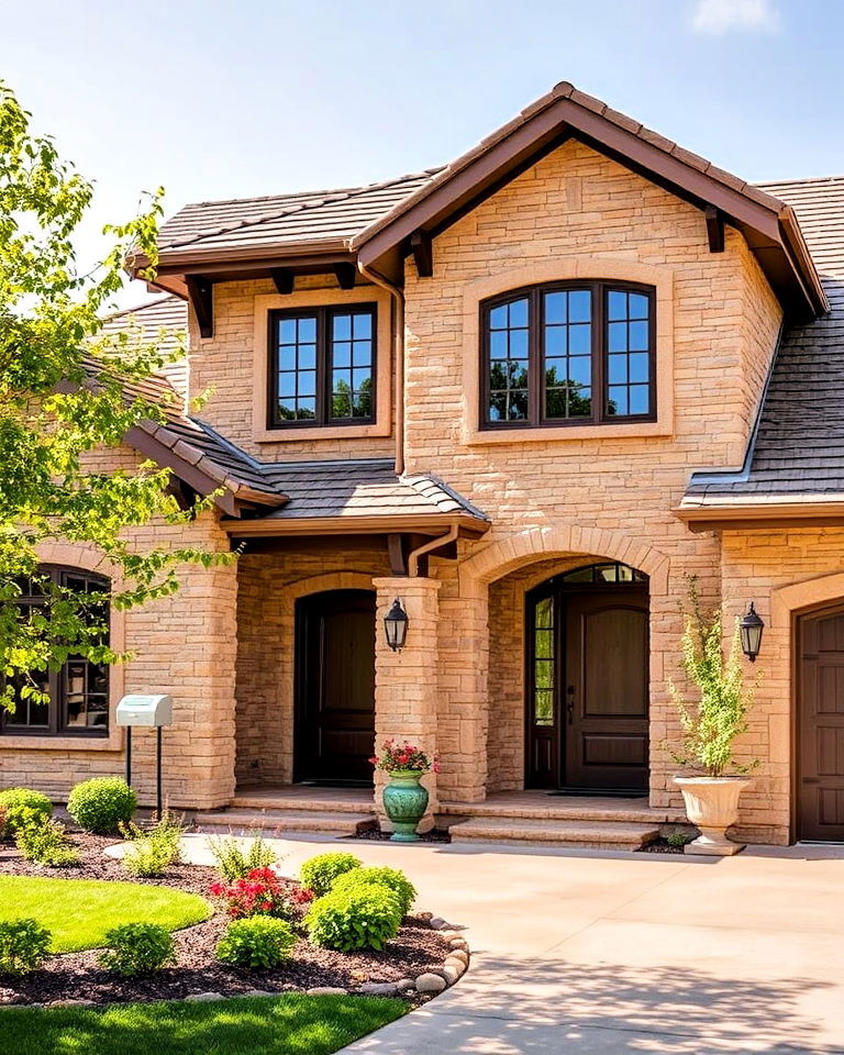 warm and inviting exterior with sandstone cladding - 25 Types of Exterior House Stone