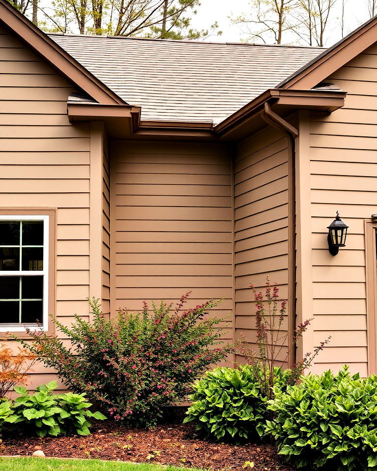 warm beige siding with cozy brown trim - 30 House Siding Colors