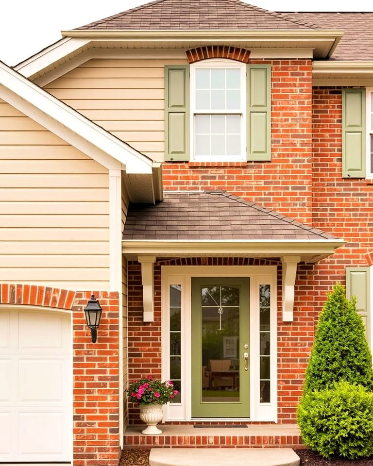 warm beige vinyl siding with red brick - 20 Vinyl Siding and Brick Combinations