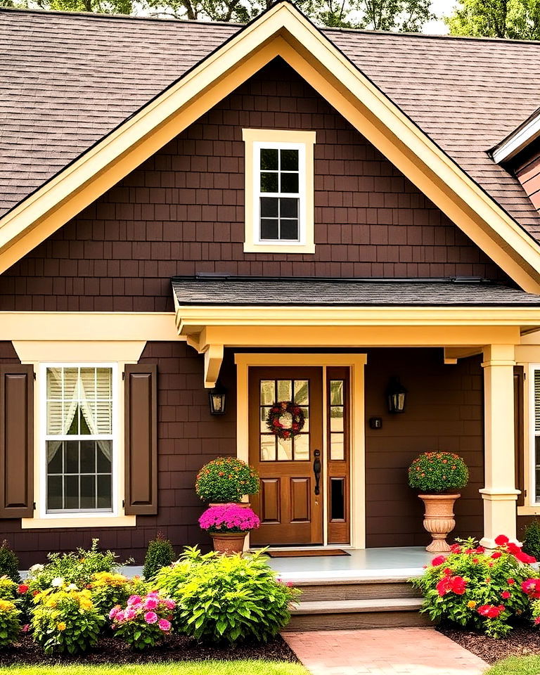 warm chocolate brown exterior with beige highlights - 15 Chocolate Brown House Exterior Design Ideas