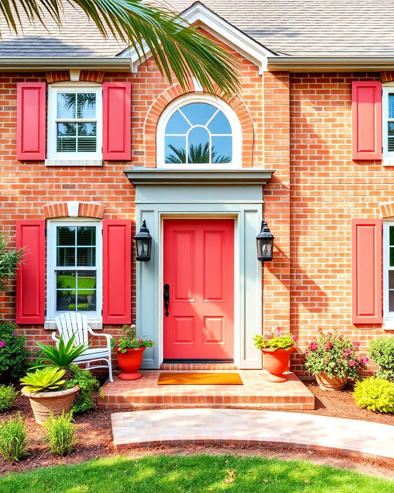 warm gray trim paired with coral accents - 25 Blonde Brick House Color Schemes