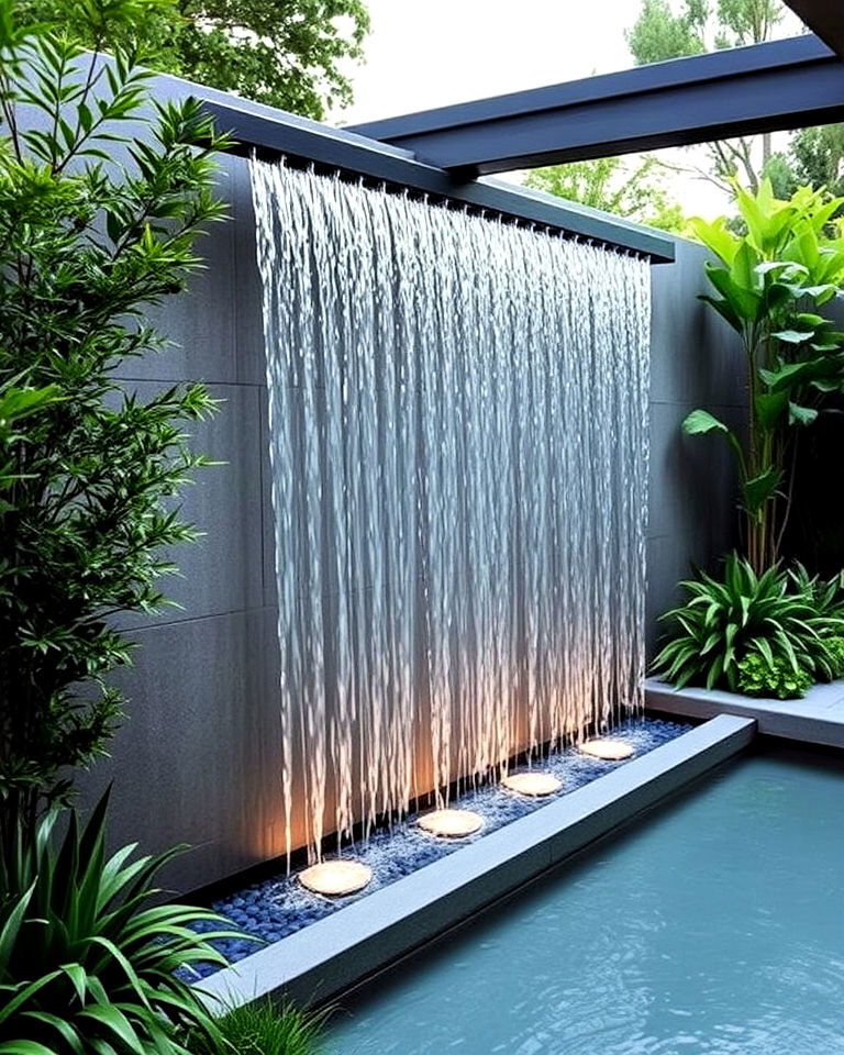 water curtain feature in modern garden - 20 Water Garden Ideas