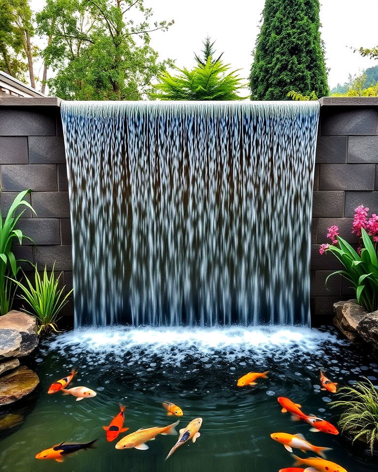 water curtain waterfall with koi pond - 15 Koi Pond Ideas With Waterfall