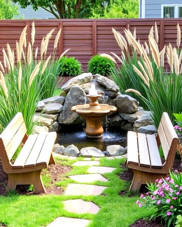 water feature sitting area with benches - 25 Front Yard Sitting Area Ideas