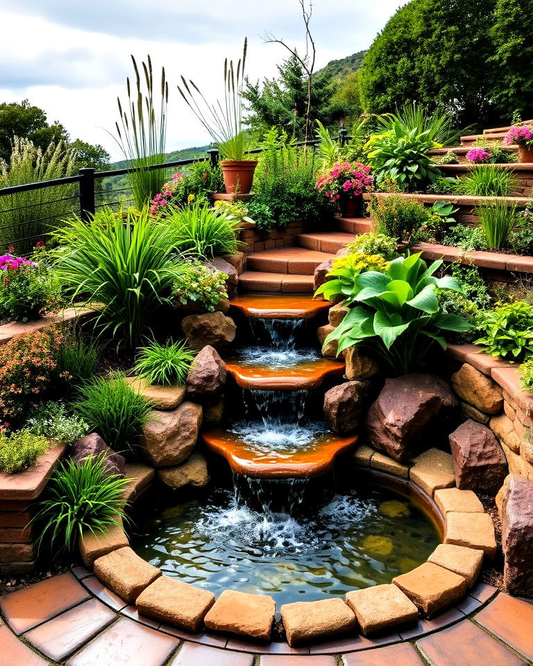 water feature such as a small cascading fountain - 30 Terraced Garden Ideas