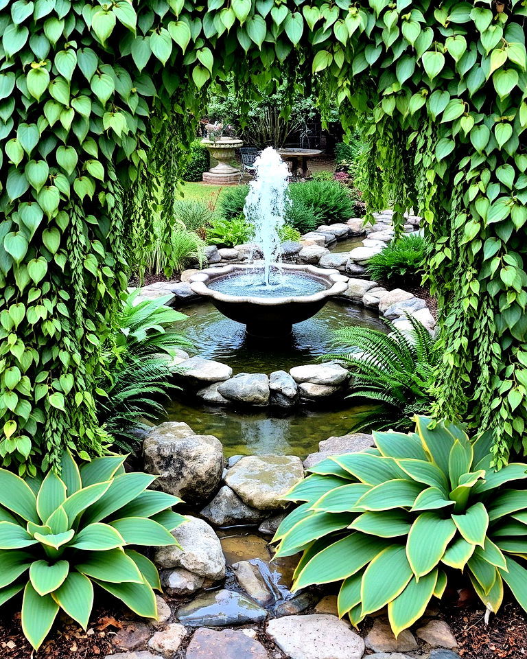 water features framed by hostas - 20 Hosta Garden Design Ideas