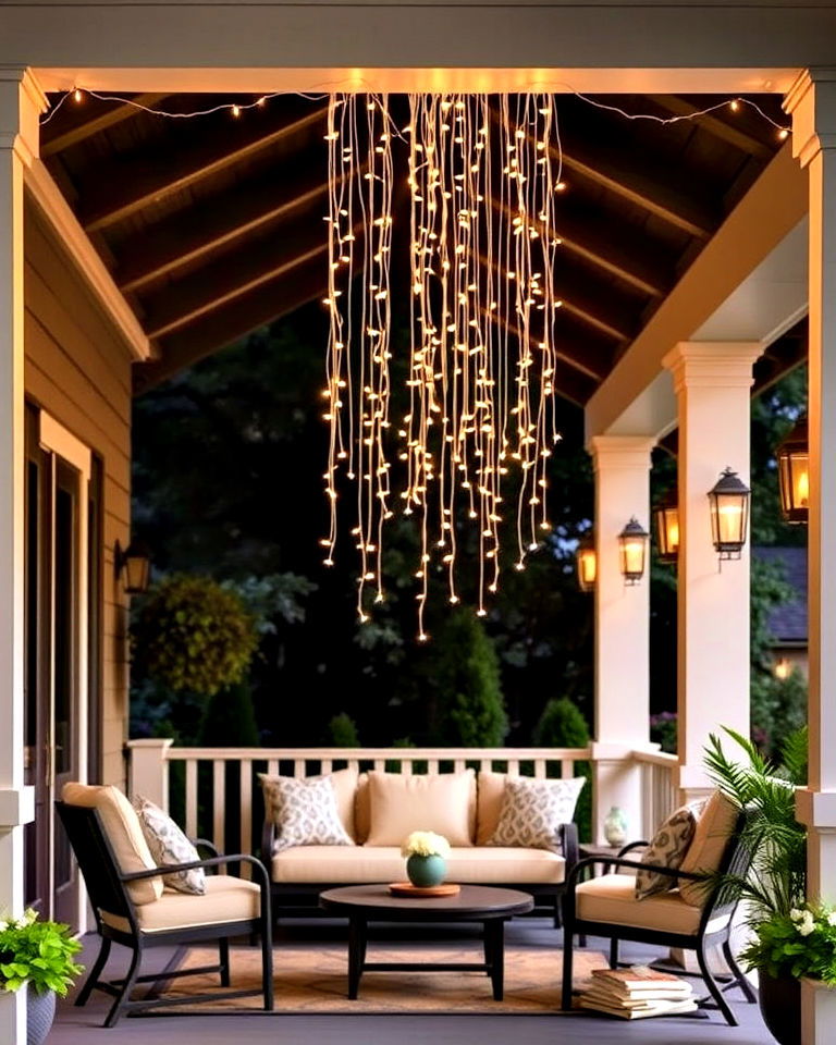 waterfall string lights for a cascading glow - 15 Front Porch String Lights Ideas
