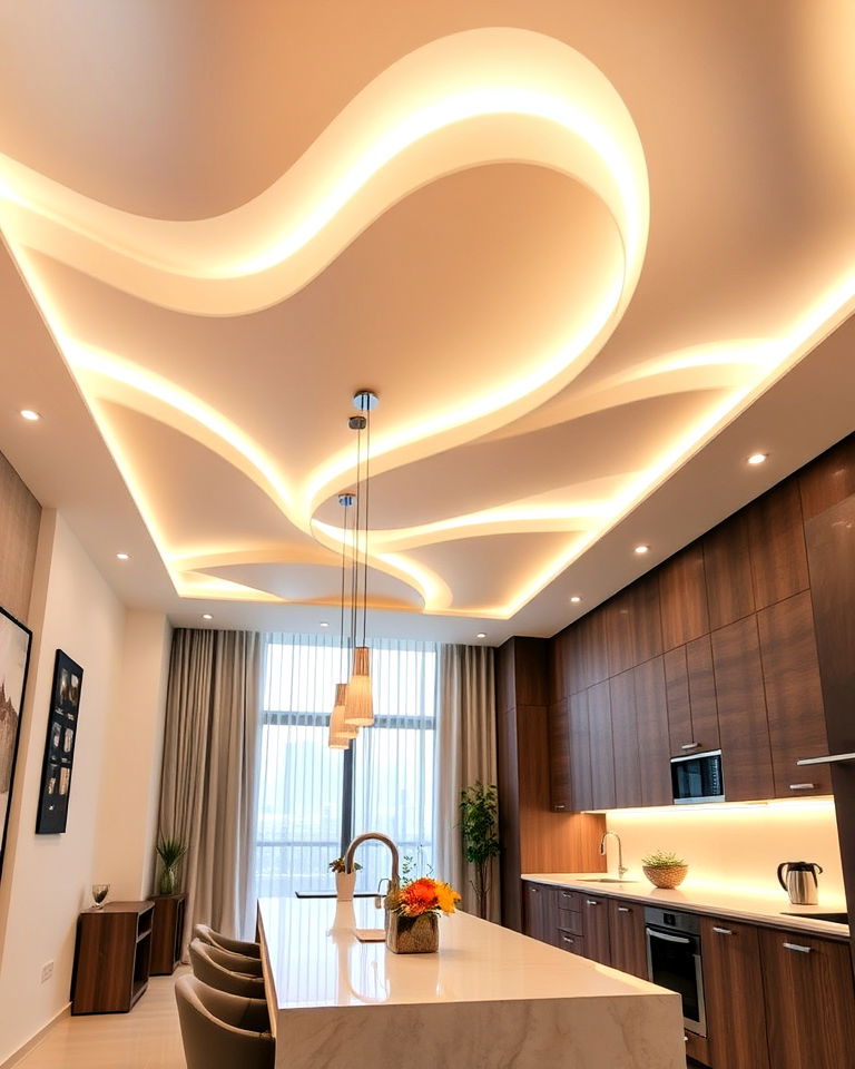 wavy ceiling with led strips - 25 Pop Ceiling Design Ideas