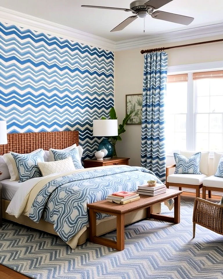 wavy patterns on textiles add a dynamic coastal element - 30 Coastal Interior Design Ideas