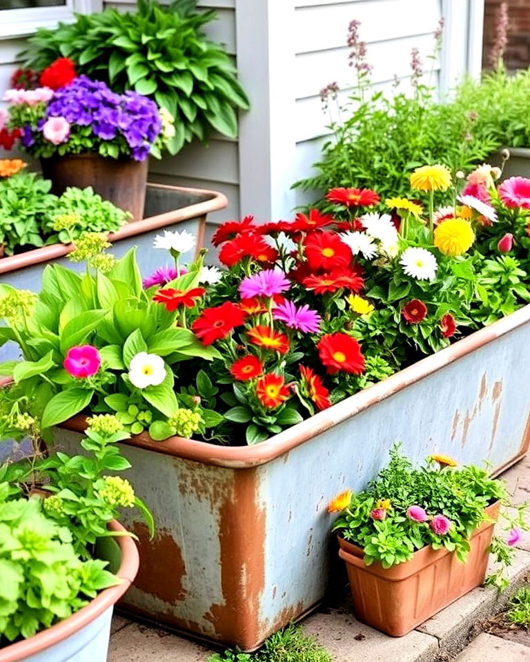 weathered metal troughs for planters - 15 Farmhouse Garden Ideas