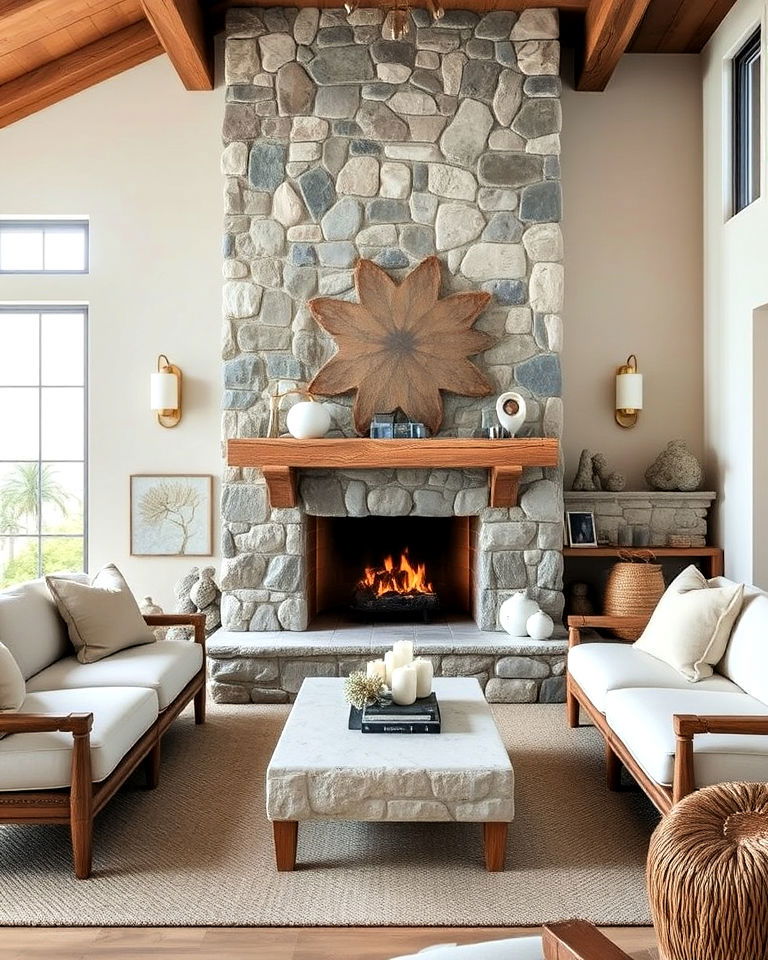 weathered stone features coastal home - 30 Coastal Interior Design Ideas