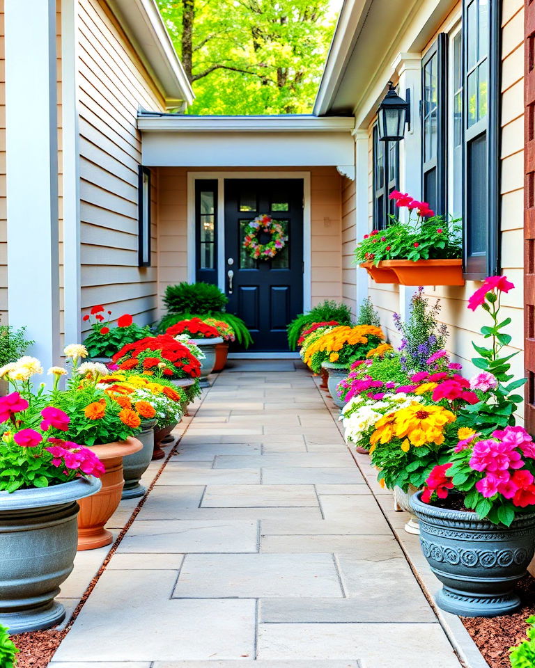 welcoming entryway with potted flowers - 20 Front Yard Landscaping With Potted Plants