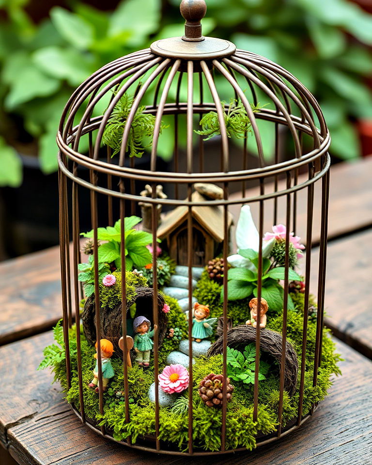 whimsical fairy garden bird cage design - 15 Bird Cage Planter Ideas