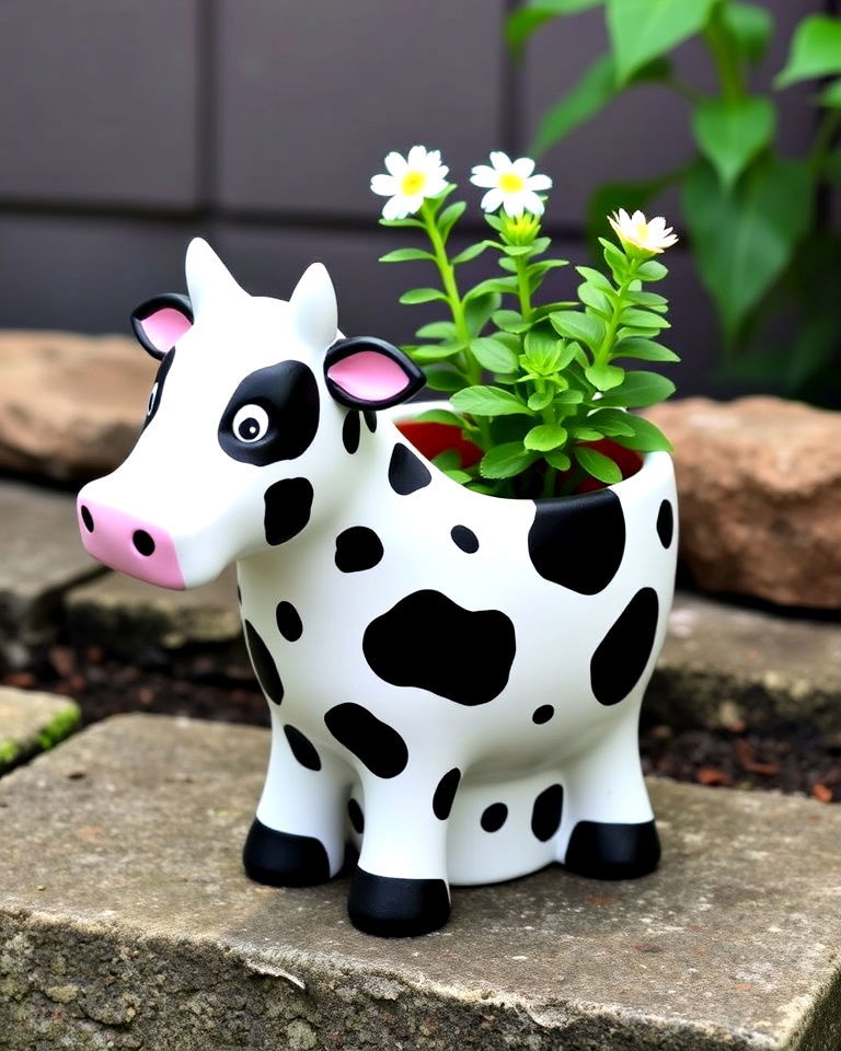 whimsical painted cow pot - 15 Cow Planter Pot Ideas