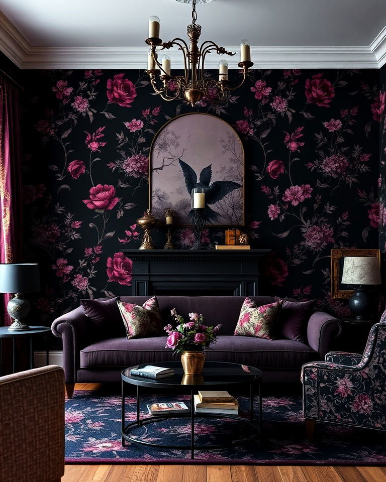 whimsical wallpaper with dark florals - 20 Whimsigoth Living Room Ideas
