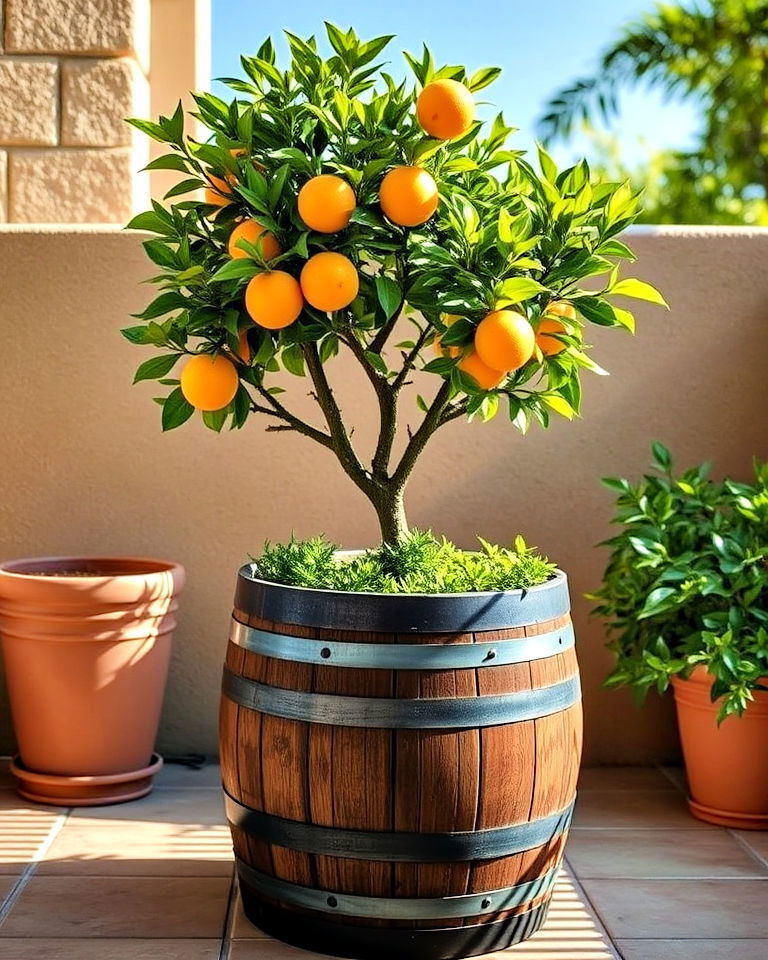whiskey barrel citrus tree container - 20 Whiskey Barrel Planter Ideas