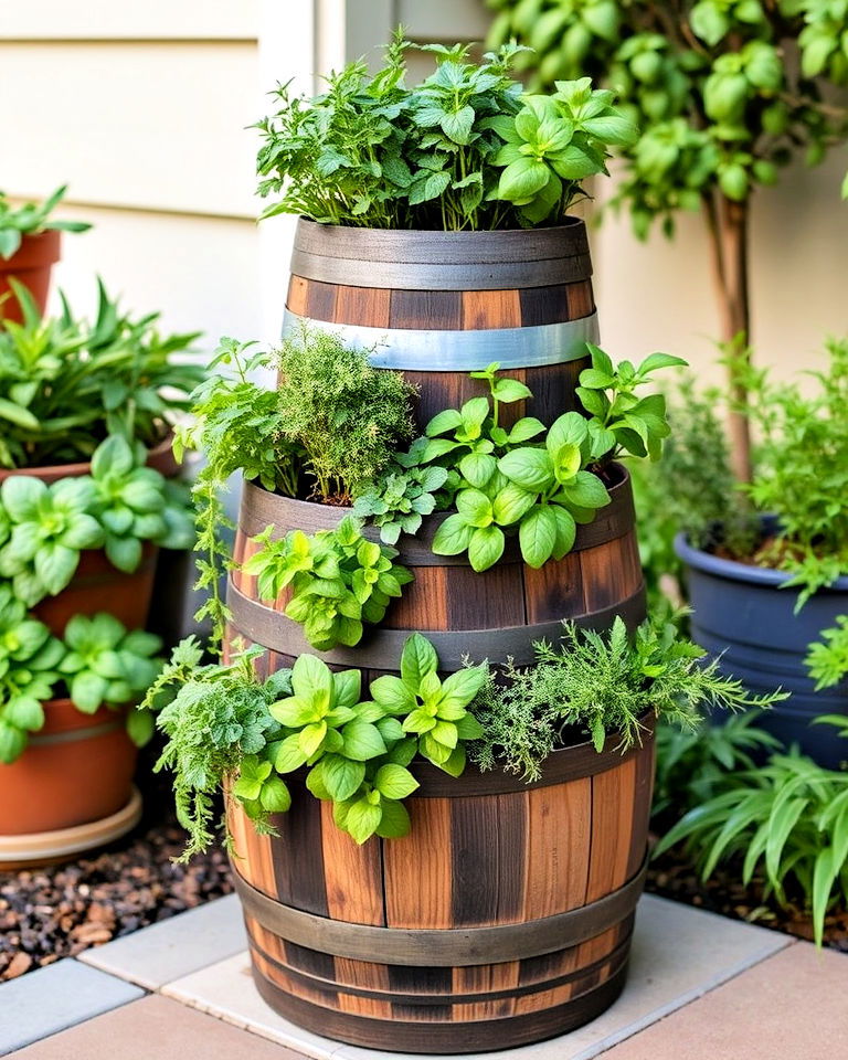 whiskey barrel into a tiered herb garden - 20 Whiskey Barrel Planter Ideas