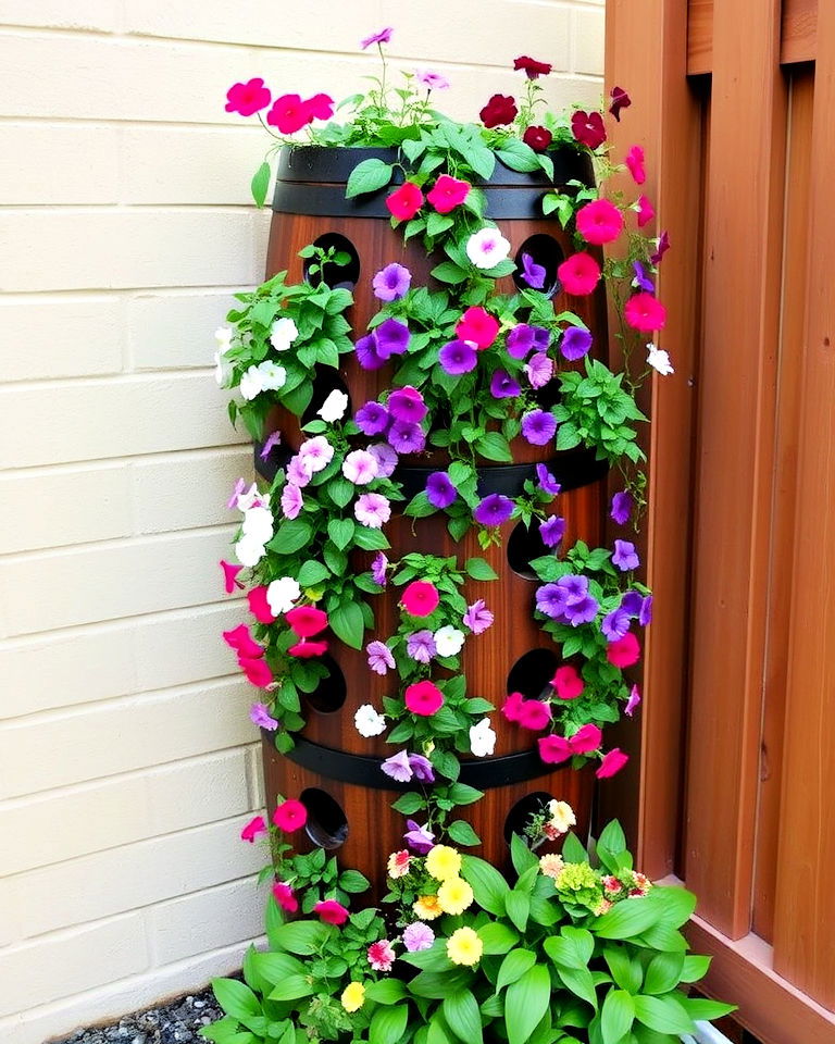whiskey barrel into a vertical flower tower - 20 Whiskey Barrel Planter Ideas