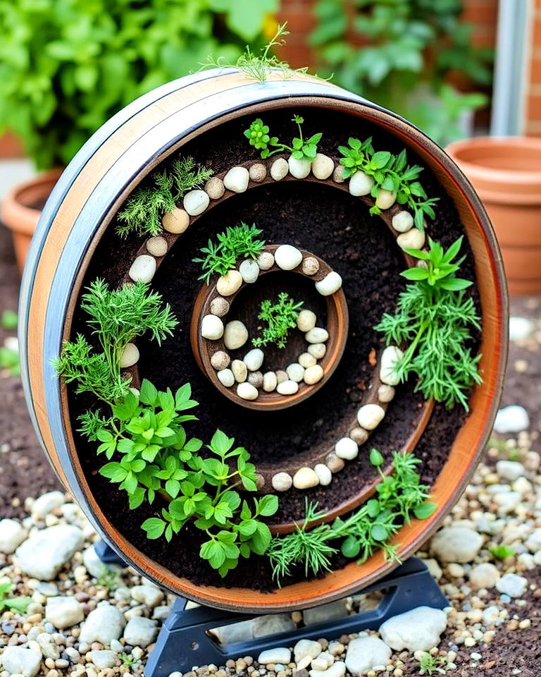 whiskey barrel into a vertical herb spiral - 20 Whiskey Barrel Planter Ideas