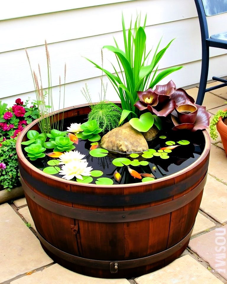 whiskey barrel into water garden - 20 Whiskey Barrel Planter Ideas