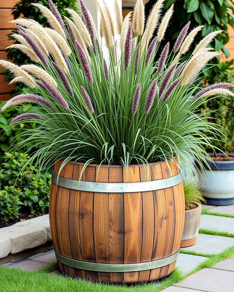 whiskey barrel ornamental grass feature - 20 Whiskey Barrel Planter Ideas
