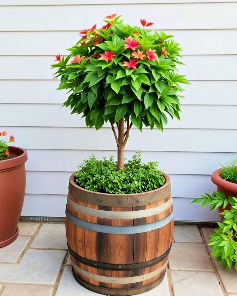whiskey barrel rustic tree planter - 20 Whiskey Barrel Planter Ideas