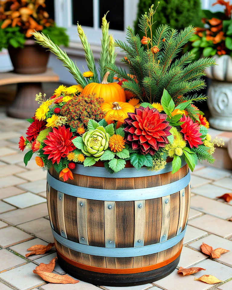 whiskey barrel seasonal holiday display - 20 Whiskey Barrel Planter Ideas