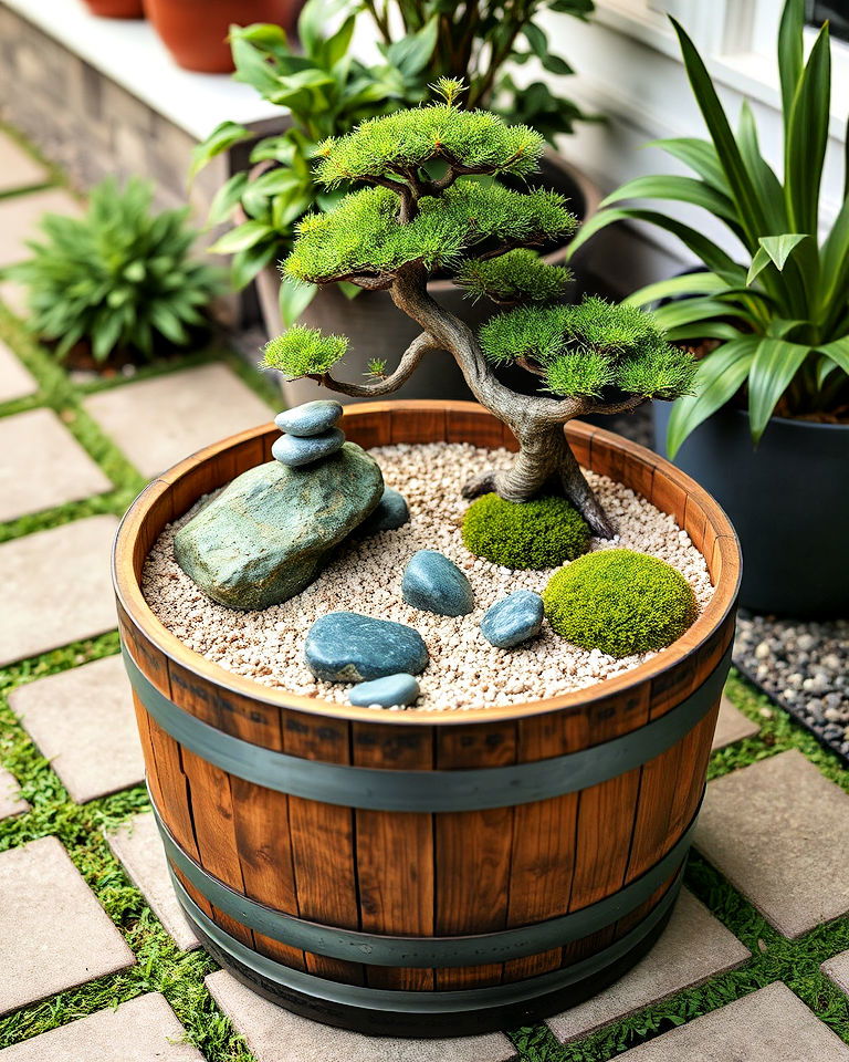 whiskey barrel zen garden centerpiece - 20 Whiskey Barrel Planter Ideas