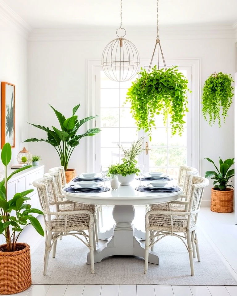 white and natural greenery dining room - 30 White Dining Room Ideas