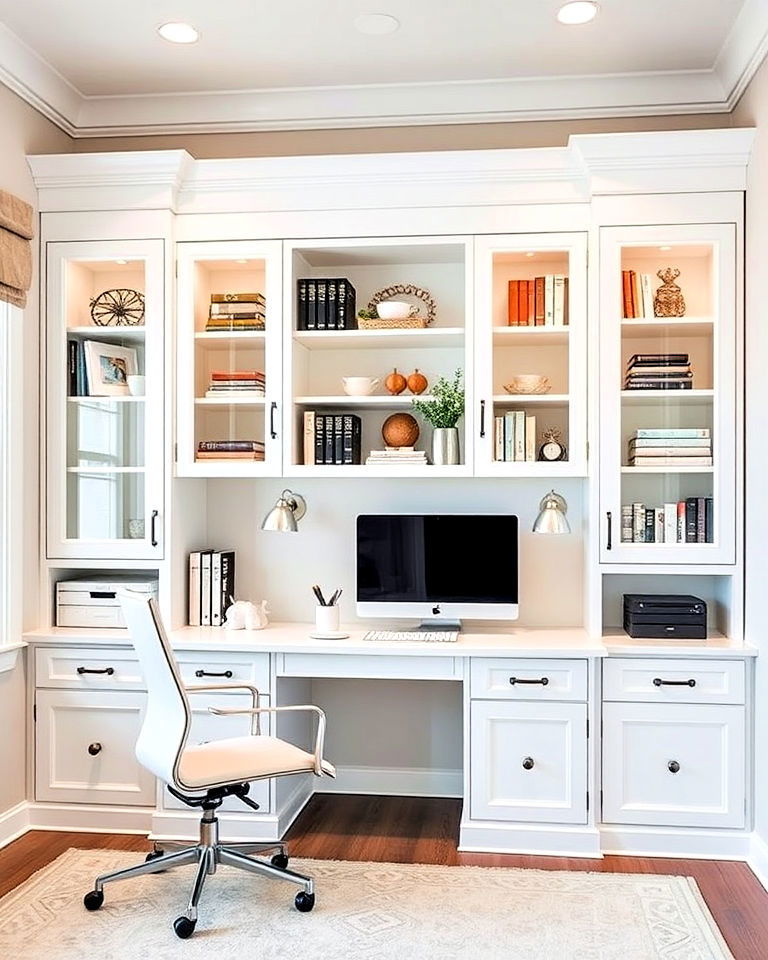 white built in cabinets offer a streamlined storage solution - 20 White Home Office Ideas