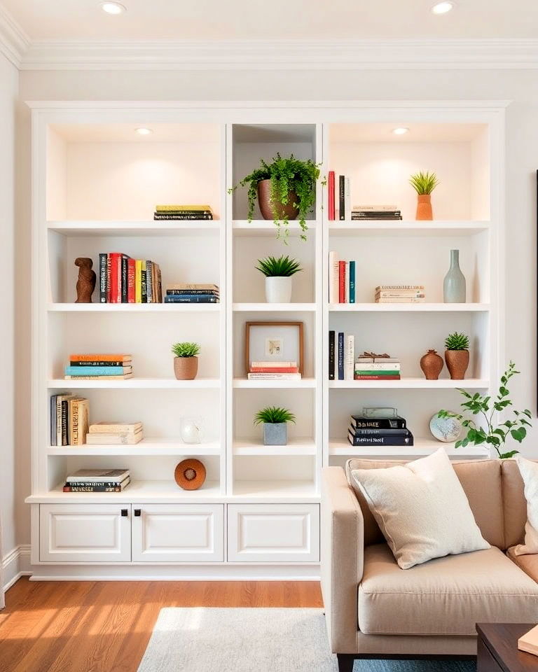 white built in shelving in living room - 20 White Interior Design Ideas
