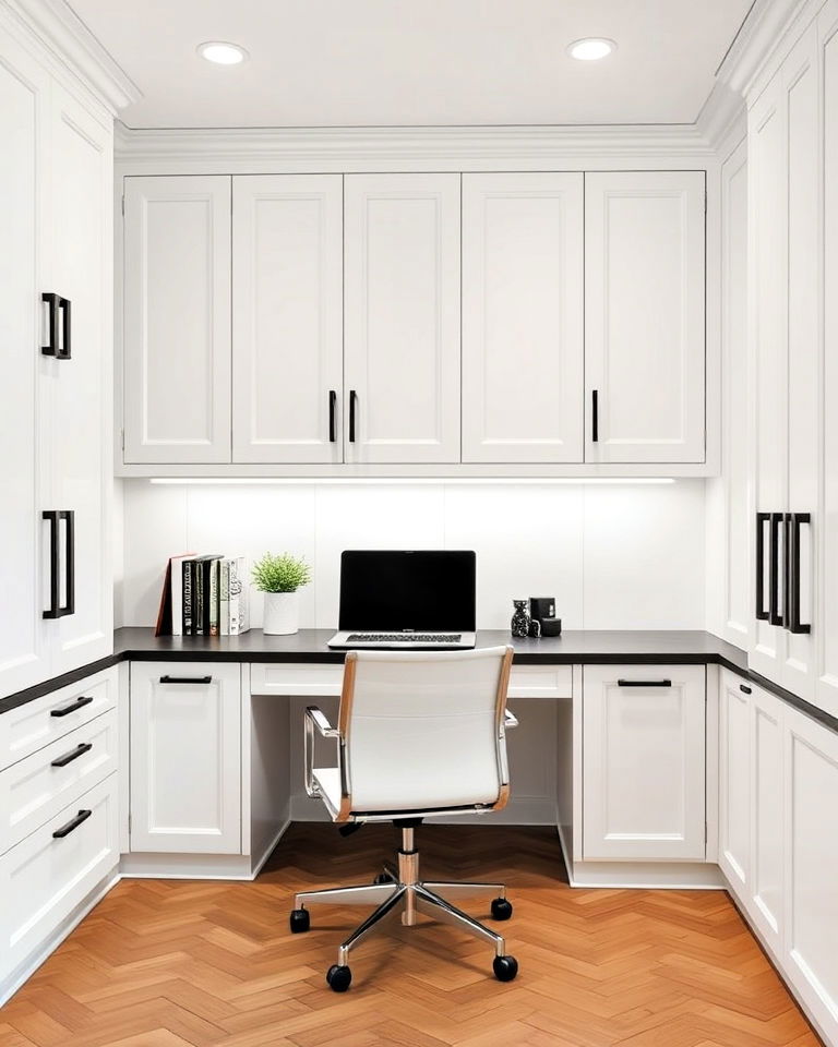 white cabinets with black handles for office - 20 White Home Office Ideas