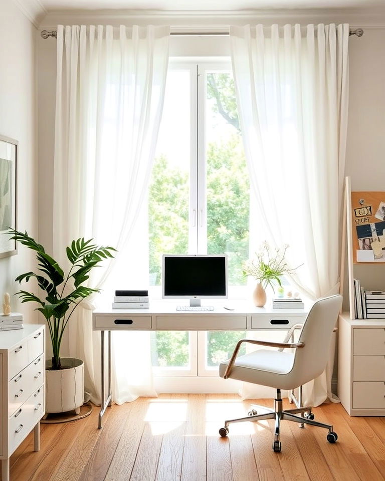 white curtains for natural light - 20 White Home Office Ideas