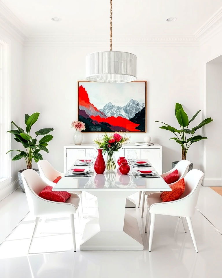 white dining room and bold accents - 30 White Dining Room Ideas