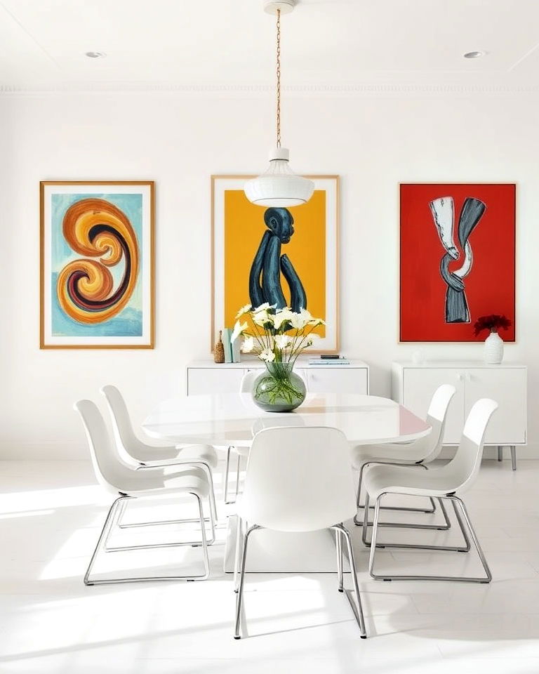 white dining room art focused design - 30 White Dining Room Ideas