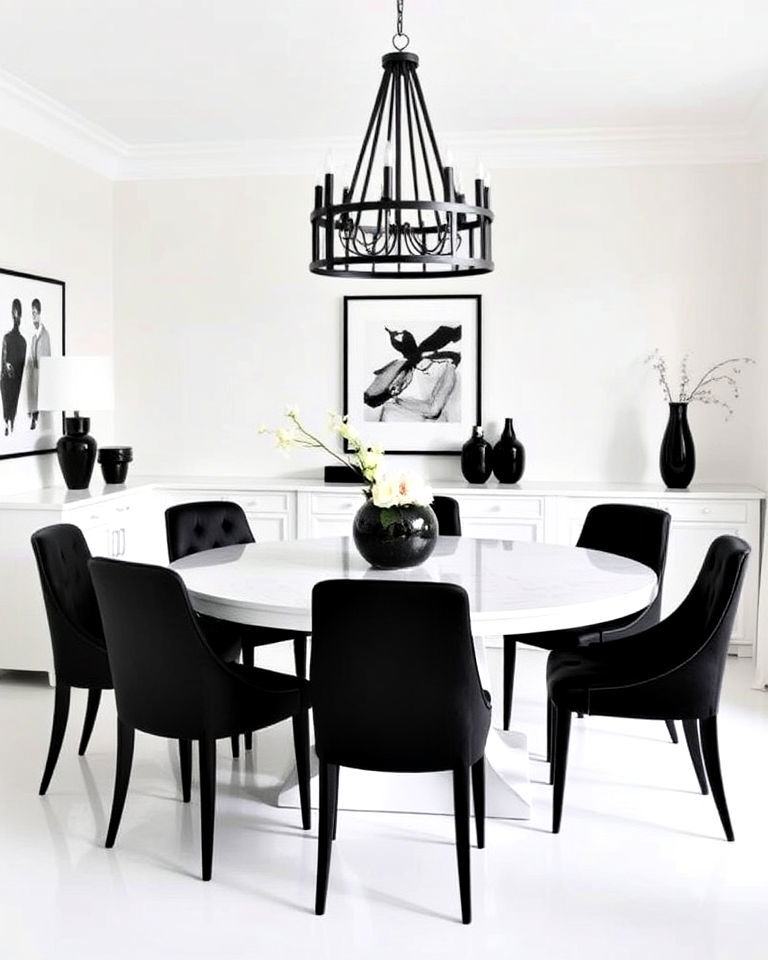 white dining room with black accents - 30 White Dining Room Ideas