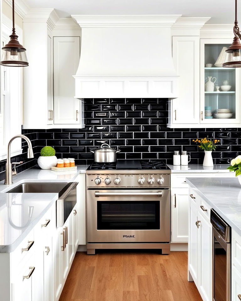 white kitchen with black beveled tiles for vintage flair - 20 White Kitchen With Black Backsplash Ideas