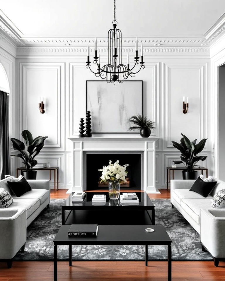white paneled walls living room - 20 Luxury Black and White Living Room Ideas