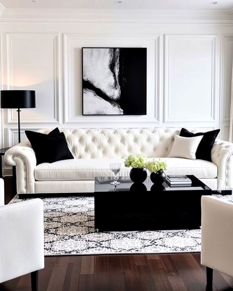 white plush sofa with black accents room - 20 Luxury Black and White Living Room Ideas