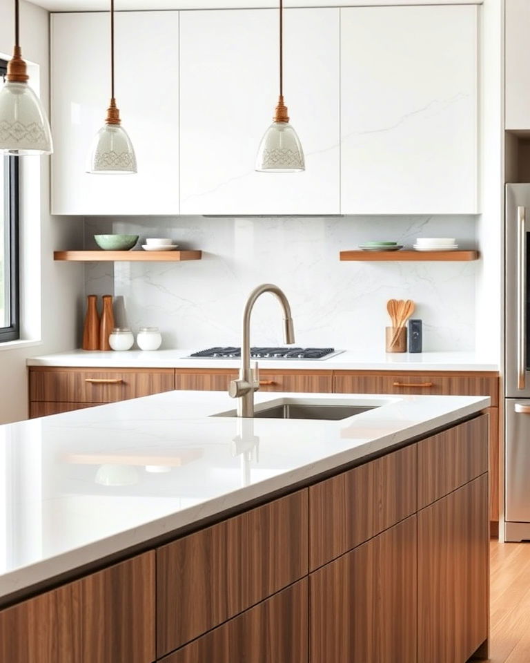 white quartz stone slabs backsplash - 20 Stone Kitchen Backsplash Ideas