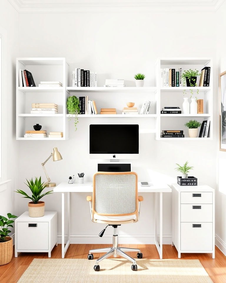 white shelving units for home office - 20 White Home Office Ideas