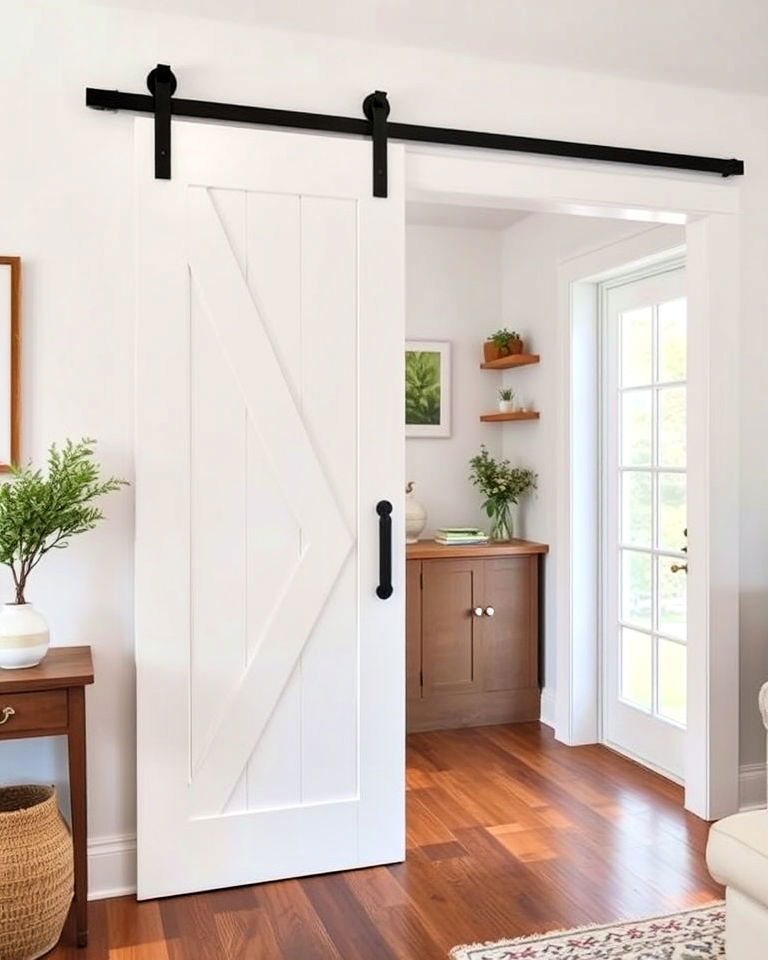 white sliding barn doors for separating room - 20 White Interior Design Ideas