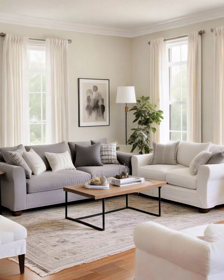 white slipcovered couch alongside a soft gray loveseat - 15 Mismatched Sofas in Living Room Ideas